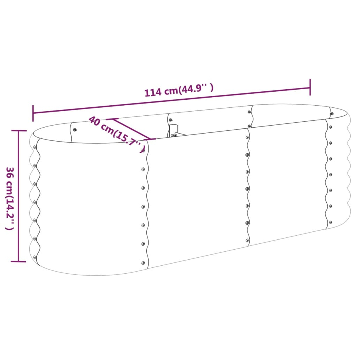 Eine Illustration zeigt die Abmessungen eines ovalen Pflanzgefäßes: 114 cm lang, 36 cm hoch und 40 cm breit. Es hat Nietendetails.