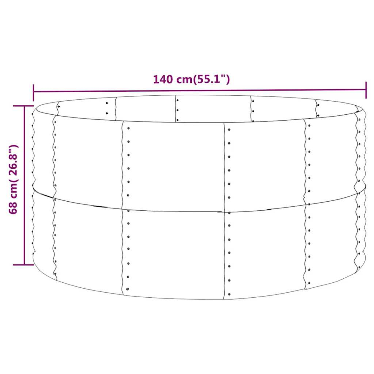Eine Illustration zeigt eine zylindrische Struktur mit den Maßen: 140 cm (55,1") breit und 68 cm (26,8") hoch.