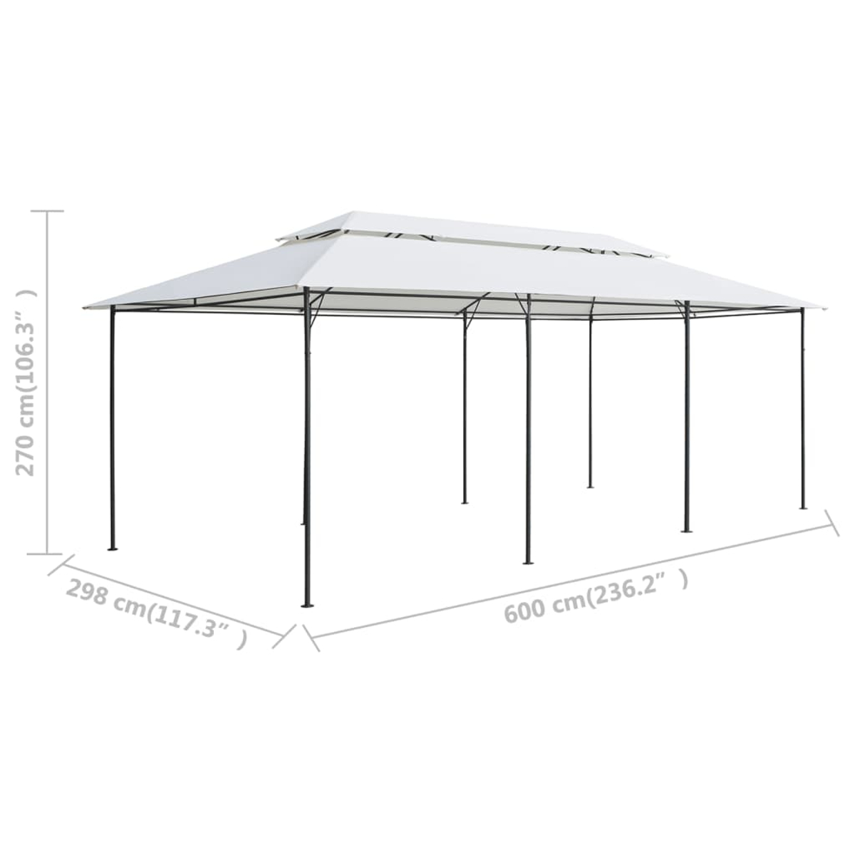 Ein weißer Outdoor-Pavillon mit zweistufigem Dach. Schwarze Pfosten tragen das Dach. Abmessungen: 270 cm Höhe, 298 cm Breite, 600 cm Länge.