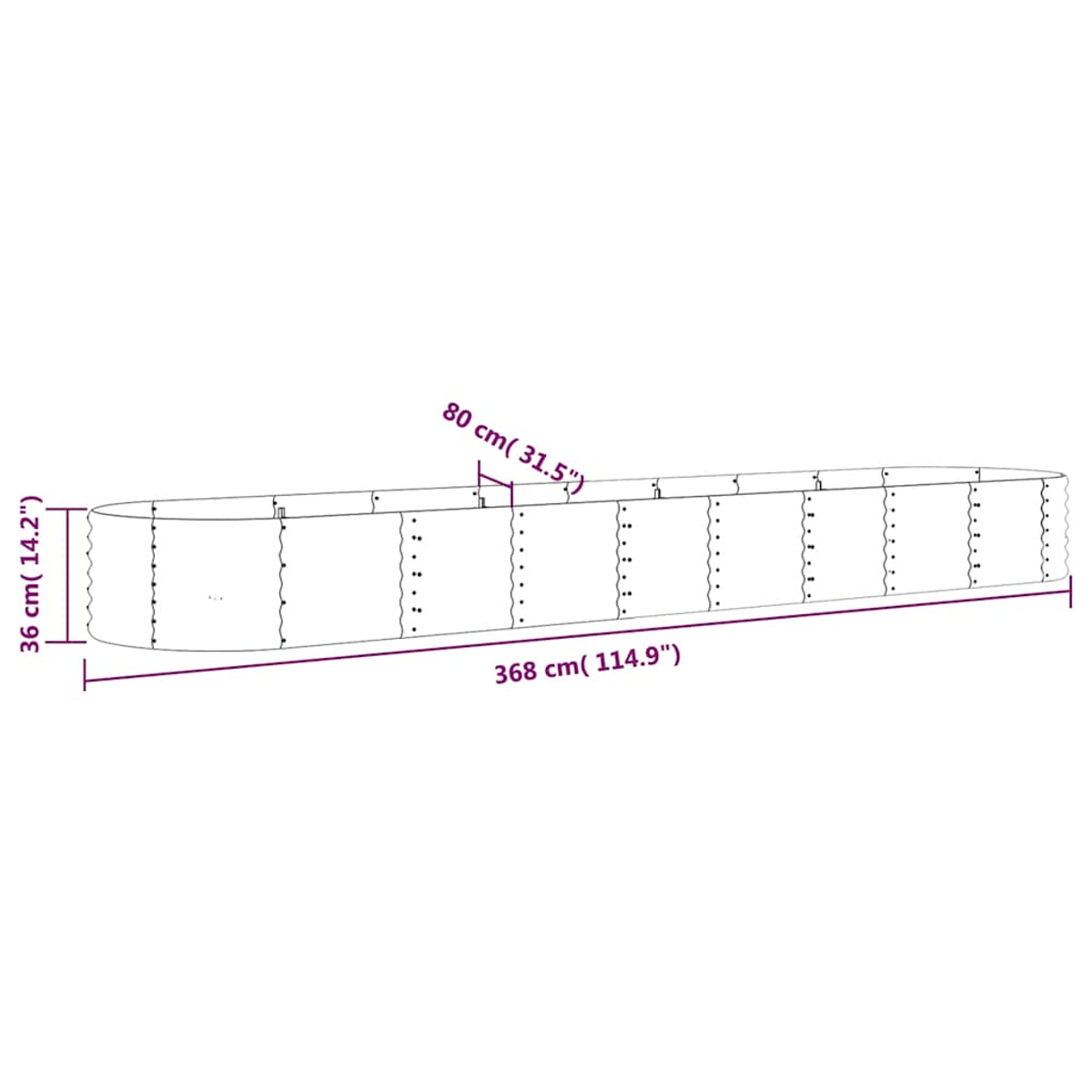 Eine Illustration zeigt ein langes, oval geformtes Objekt mit den angegebenen Abmessungen: 36 cm hoch, 80 cm breit und 368 cm lang, auf weißem Hintergrund.