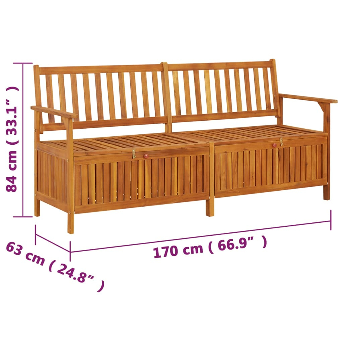 Holzbank mit Stauraum. Sie hat eine Rückenlehne, Armlehnen und zwei Staufächer. Abmessungen sind angegeben: 170 cm, 84 cm und 63 cm.