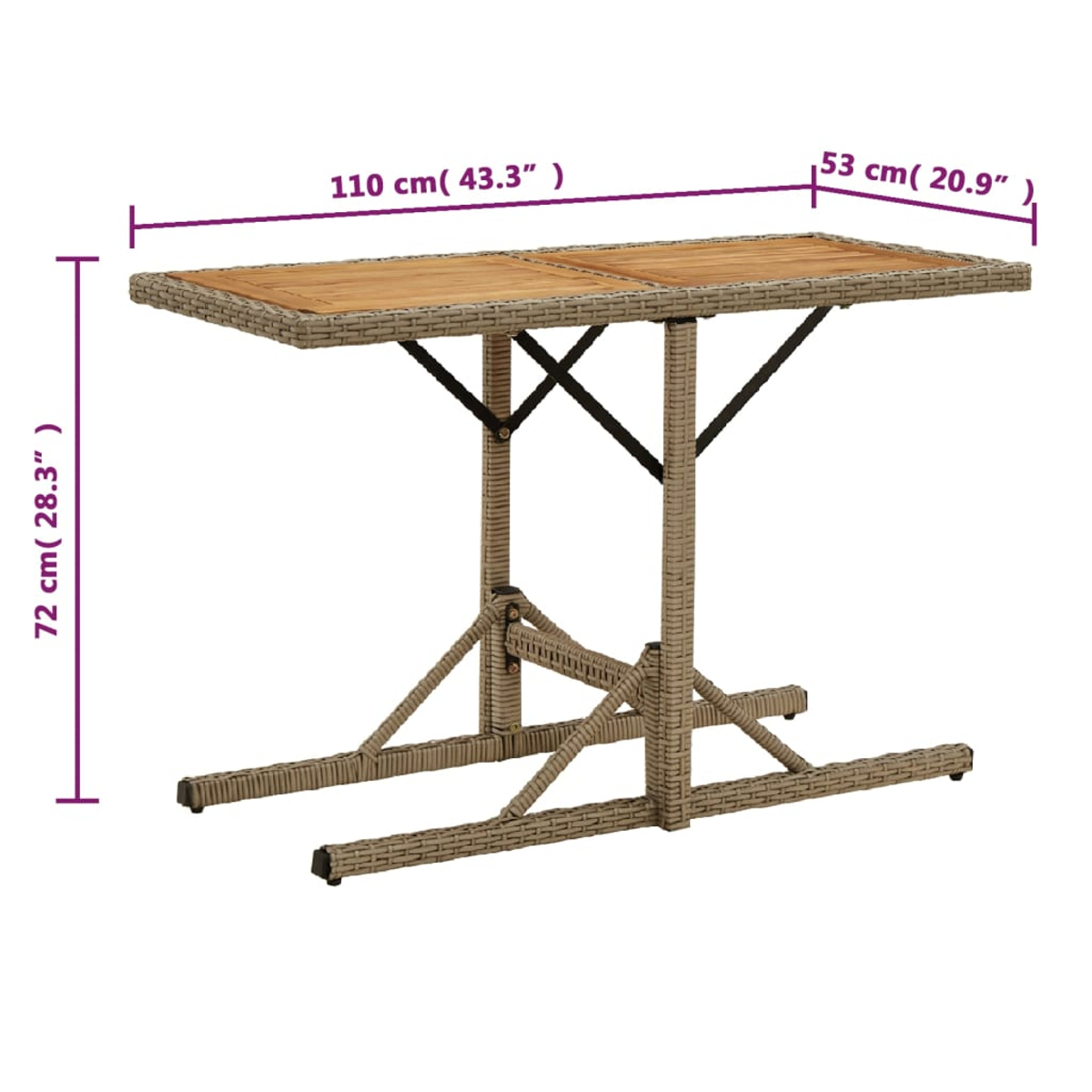 Ein rechteckiger Outdoor-Tisch mit Maßangaben. Die Tischplatte ist hellbraun, getragen von gewebten beigen Beinen mit schwarzen Kreuzstützen.