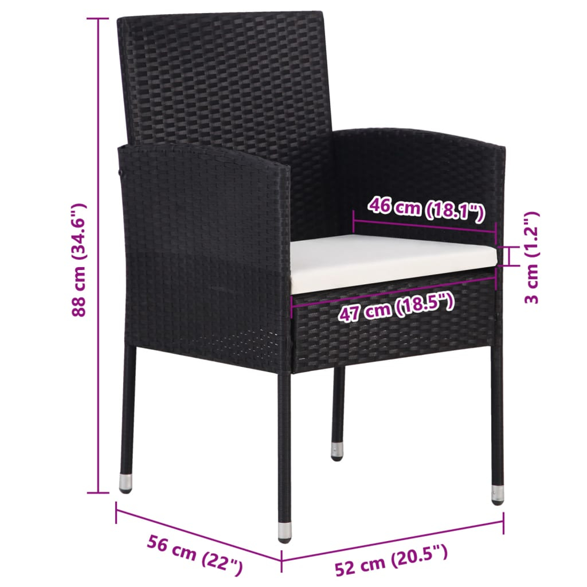 Sedia in vimini nera con dimensioni etichettate. Ha un cuscino bianco e braccioli. Le misure sono in cm e pollici.