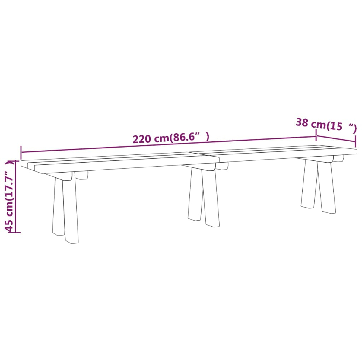 Eine hellfarbene Holzbank mit den angegebenen Abmessungen: 220 cm lang, 45 cm hoch und 38 cm breit, vor weißem Hintergrund.