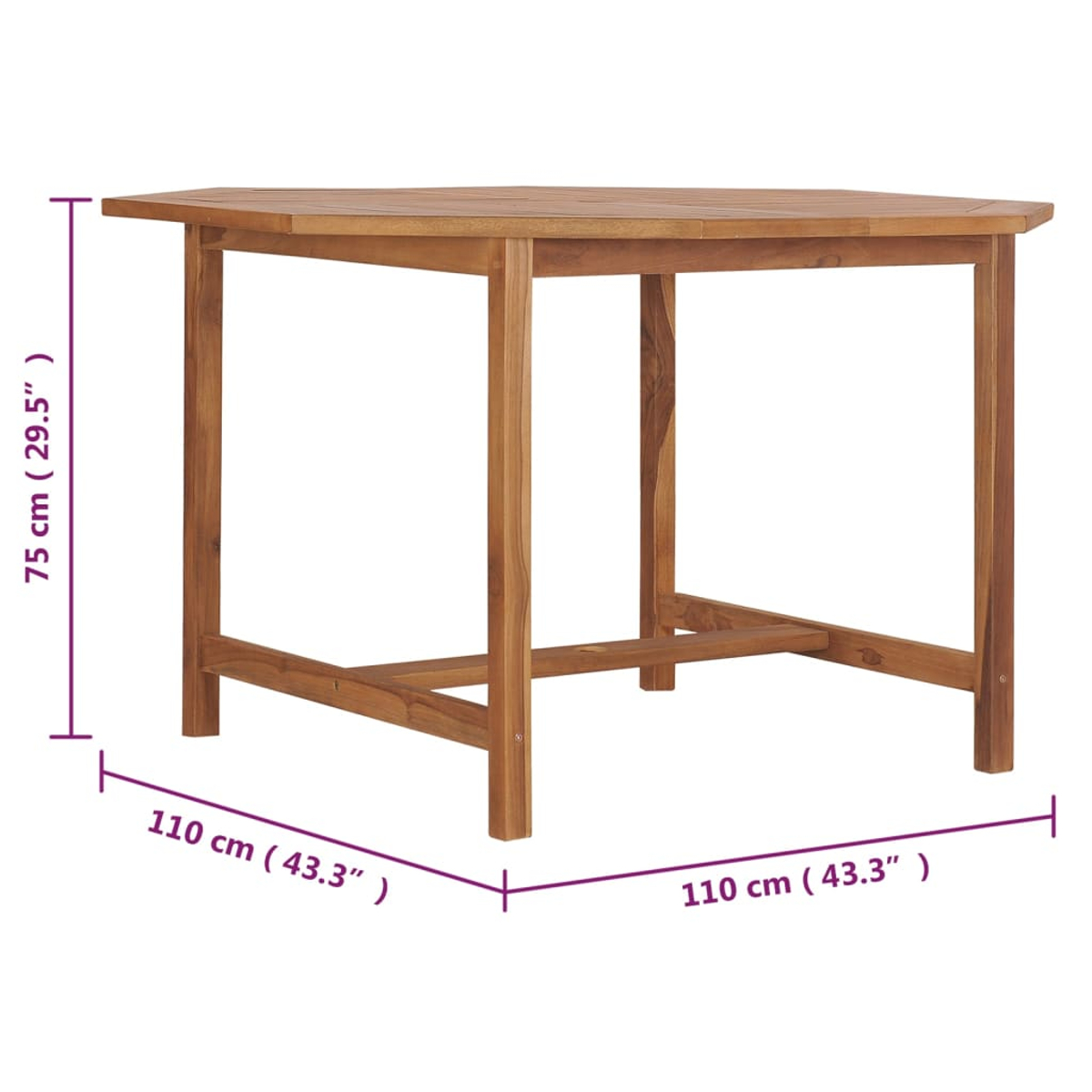 Ein sechseckiger Holztisch mit beschrifteten Abmessungen. Er hat vier Beine und einen Stützrahmen, der Tisch ist braun.