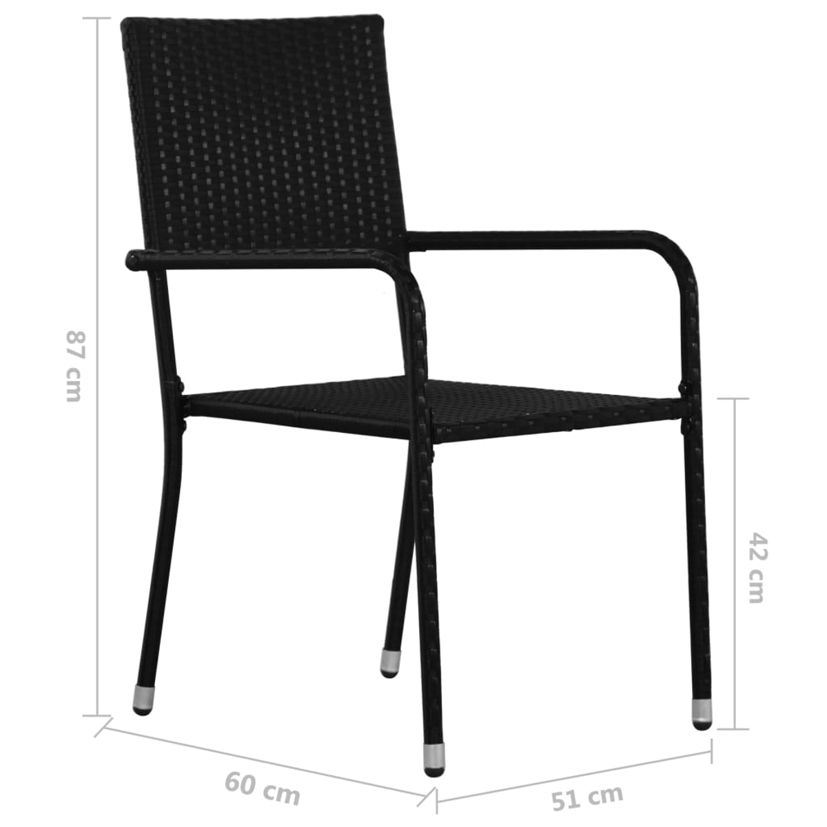 Schwarzer Rattan-Stuhl mit Armlehnen. Abmessungen: 87 cm hoch, 60 cm breit, 51 cm tief und 42 cm von Sitzfläche bis Boden.
