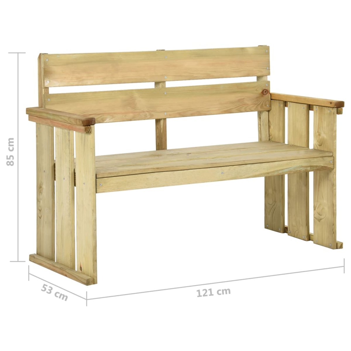 Eine hellbraune Gartenbank aus Holz mit Armlehnen und Rückenlehne. Abmessungen: 85 cm hoch, 53 cm breit und 121 cm lang.