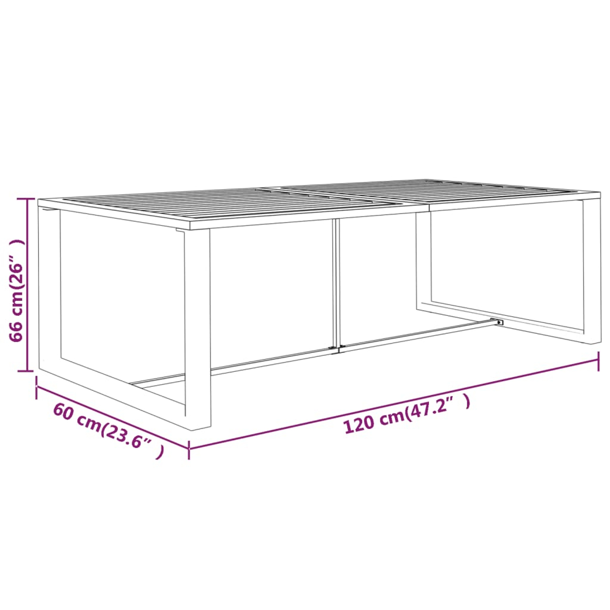 Strichzeichnung eines rechteckigen Tisches mit Maßangaben: 120 cm lang, 60 cm breit und 66 cm hoch.