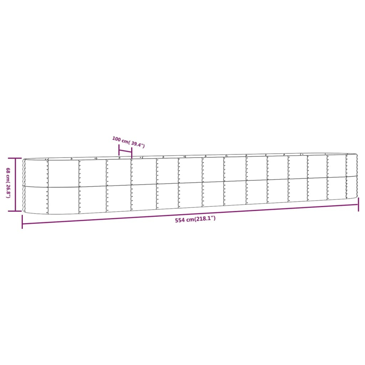 Ein Diagramm zeigt eine lange, rechteckige Struktur mit den Maßen: 554 cm lang, 68 cm hoch und 100 cm breit.