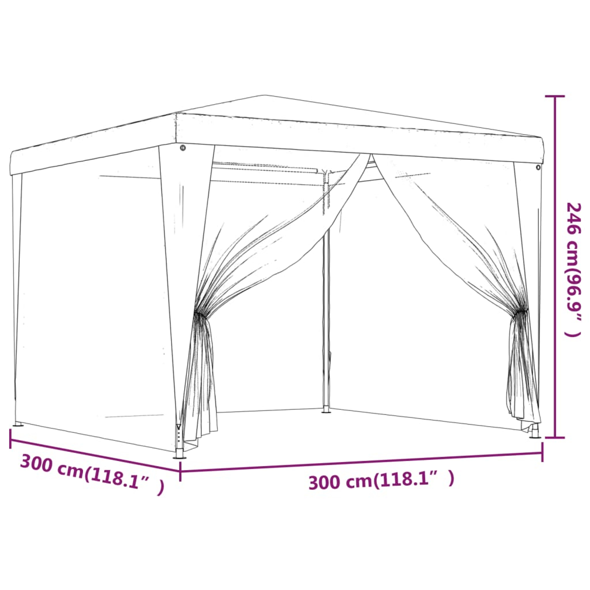 Eine schematische Zeichnung eines quadratischen Pavillons mit Vorhängen. Die Abmessungen sind beschriftet: 300 cm x 300 cm und 246 cm Höhe.