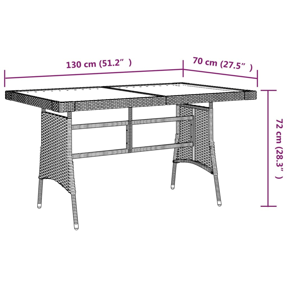 Ein Korbtisch mit den angegebenen Abmessungen: 130 cm lang, 70 cm breit und 72 cm hoch. Maße auch in Zoll angegeben.
