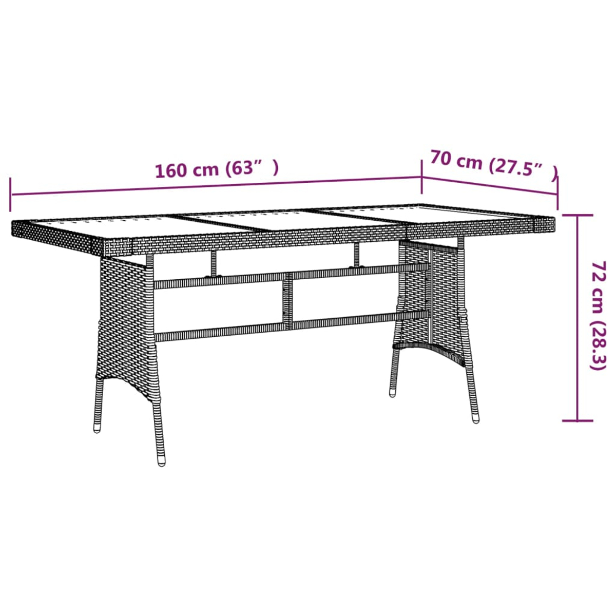 Ein Outdoor-Tisch aus Korbgeflecht mit den Maßen: 160 cm lang, 70 cm breit und 72 cm hoch.