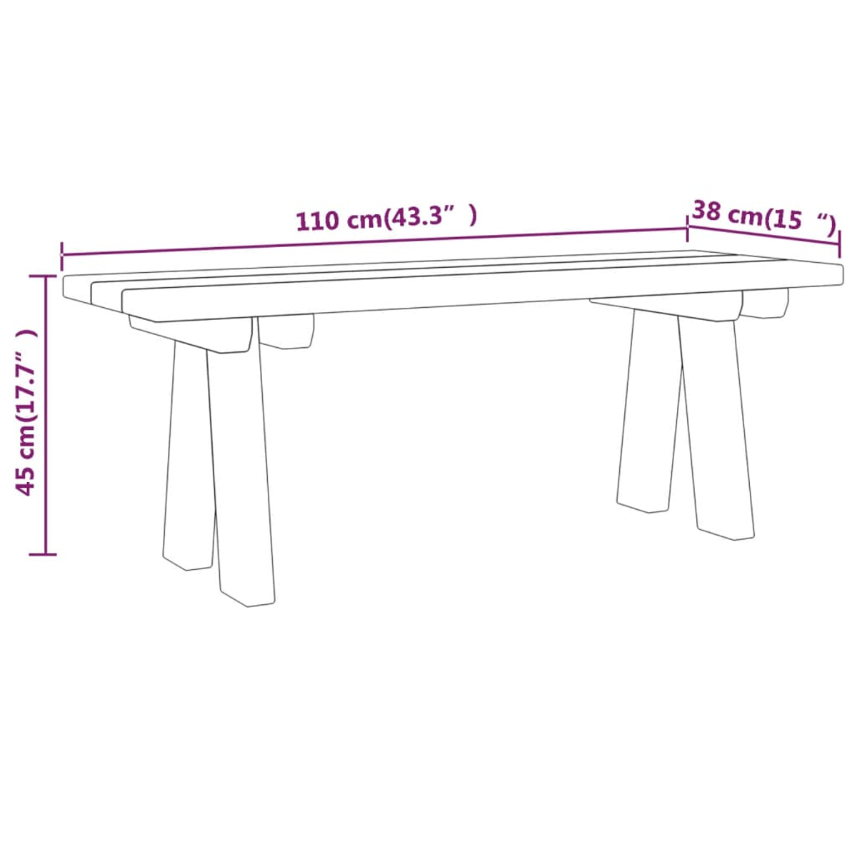 Strichzeichnung einer Holzbank mit Maßen. Länge 110 cm, Höhe 45 cm und Breite 38 cm.