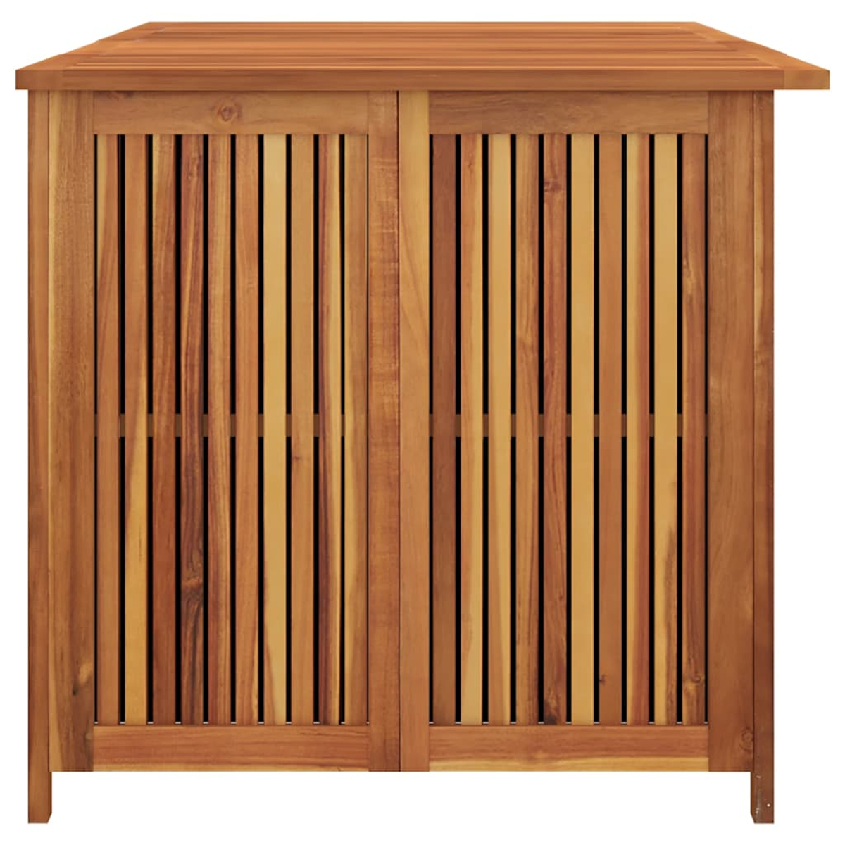 Holzschrank mit vertikalen Lamellen an den Türen, einer flachen Oberseite und hellbrauner Farbe.