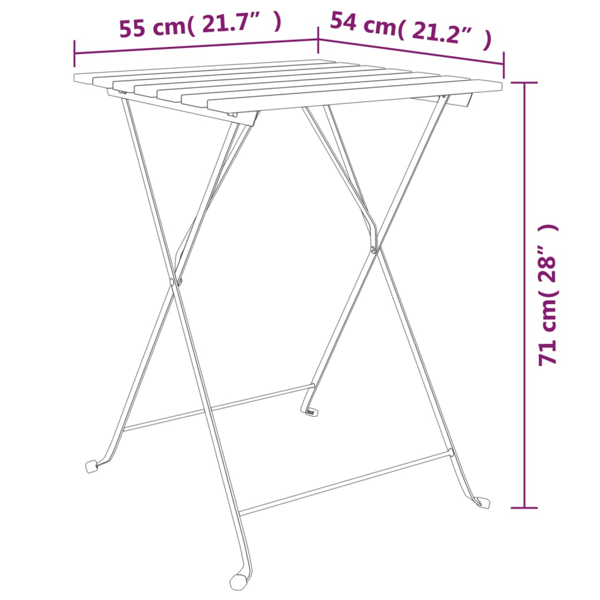 Ein Klapptisch mit Maßangaben. Der Tisch hat eine Lattenoberfläche und Metallbeine in X-Form. Maße sind angegeben.