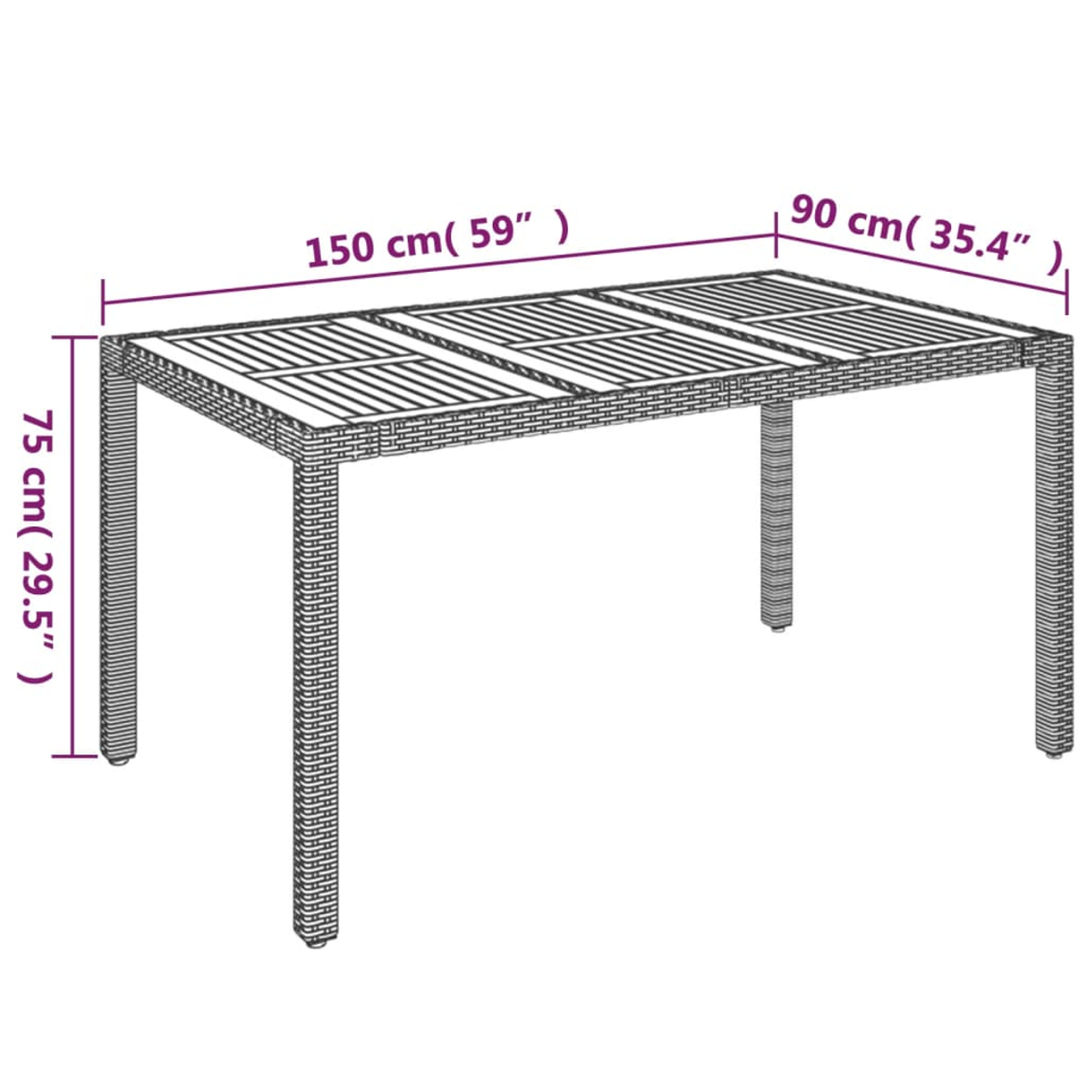 Ein rechteckiger Korbtisch mit den angegebenen Abmessungen: 150 cm lang, 90 cm breit und 75 cm hoch. Maße auch in Zoll.