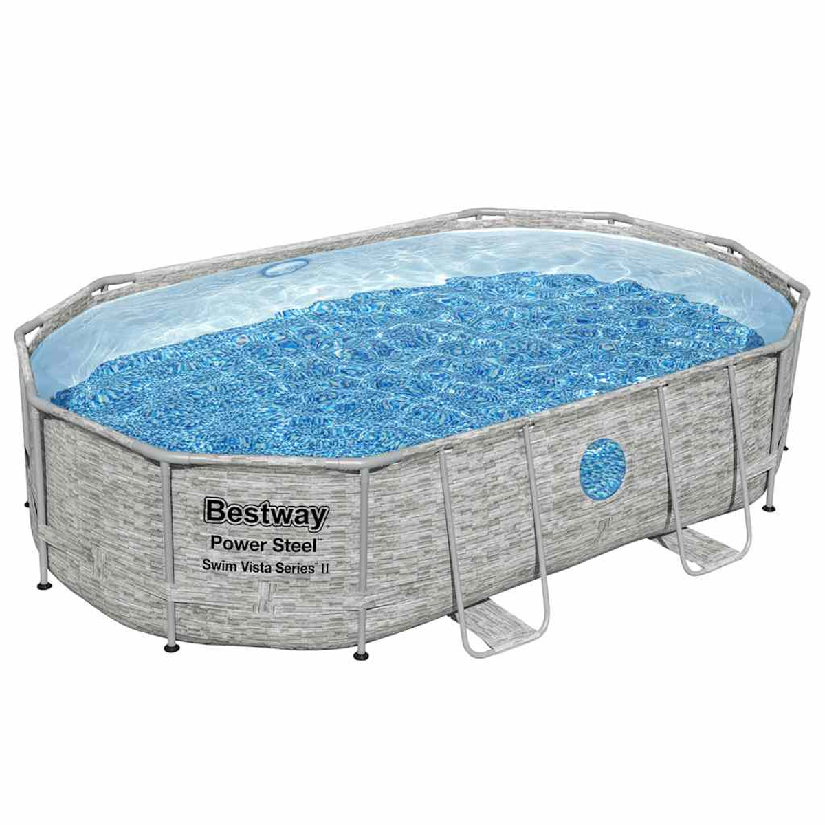 Ein Bestway-Pool über dem Boden. Er hat eine graue, steinartige Außenseite mit blauem Wasser im Inneren. Stufen an der Seite und das Bestway-Logo sind sichtbar.