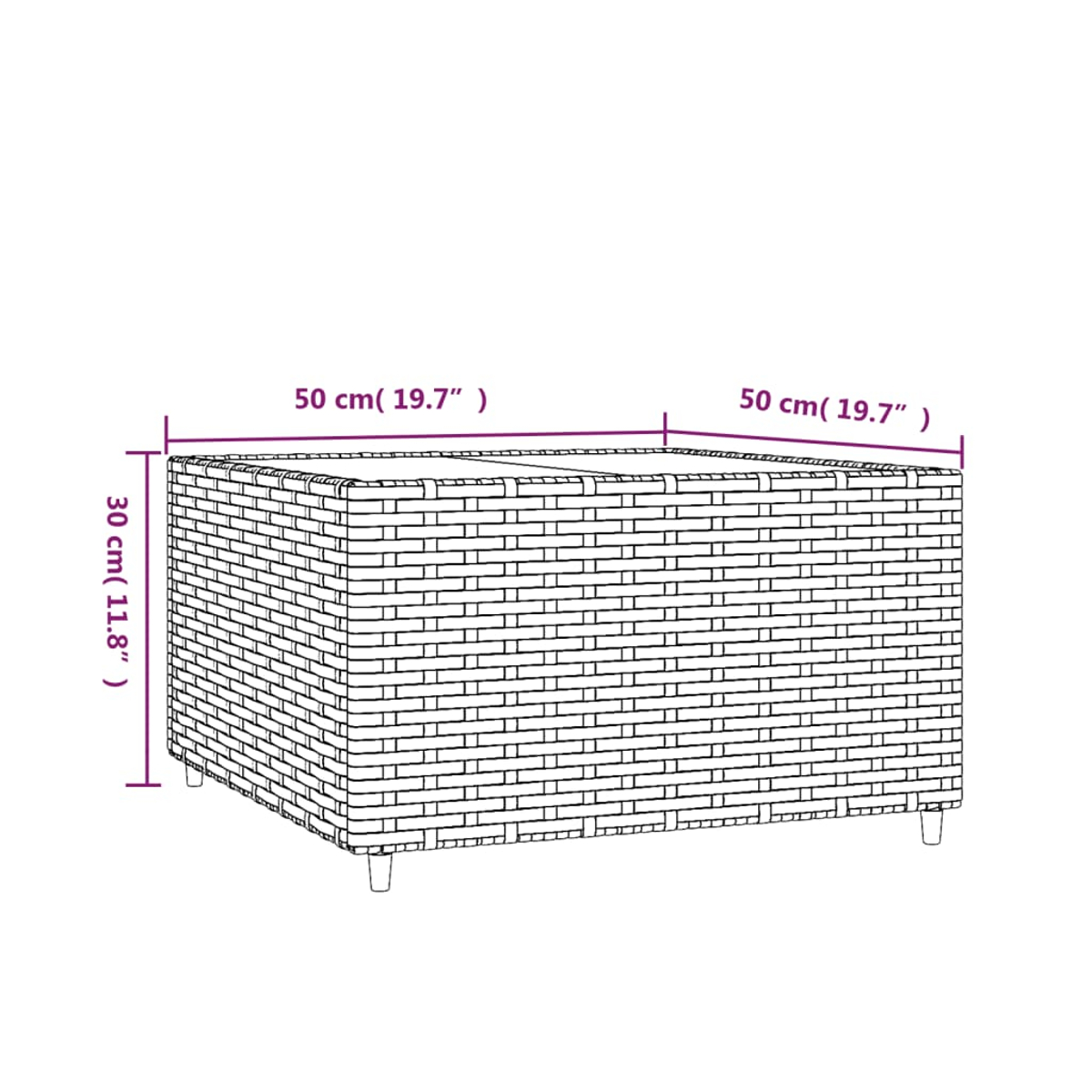 Ein rechteckiger Korbtisch mit den angegebenen Abmessungen: 50 cm x 50 cm x 30 cm. Er hat vier kleine Beine und steht auf weißem Hintergrund.