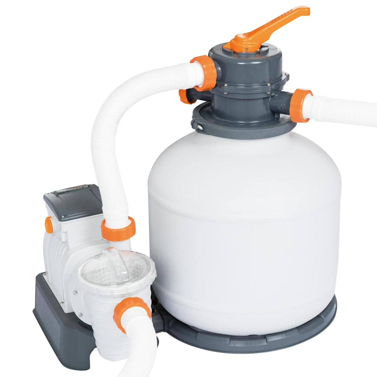 Weißes Poolfiltersystem mit orangefarbenen und grauen Akzenten. Enthält eine Pumpe, Schläuche und einen großen weißen Tank.