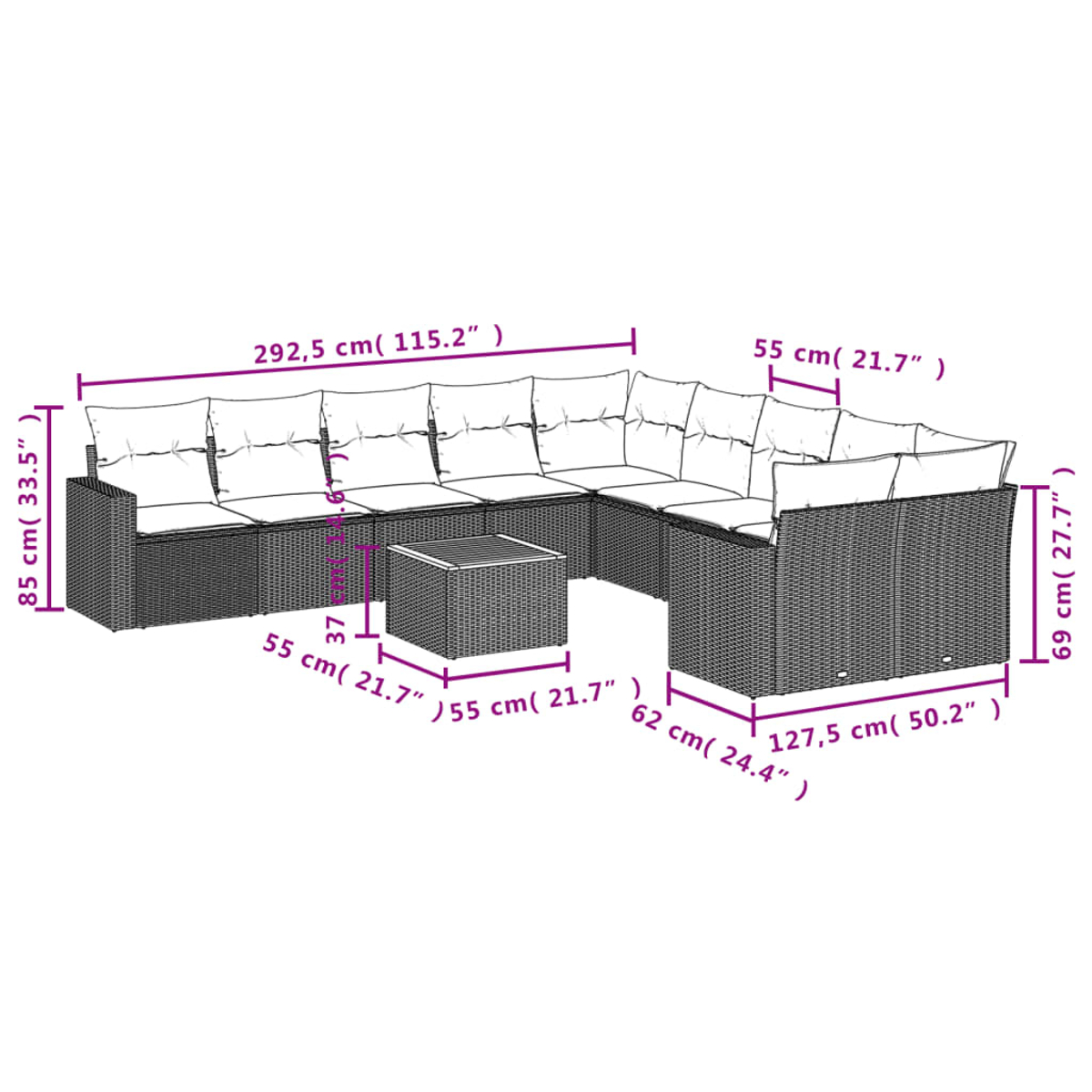 Ein L-förmiges Outdoor-Wickersofa mit Kissen und einem quadratischen Tisch, Abmessungen in cm und Zoll angegeben.