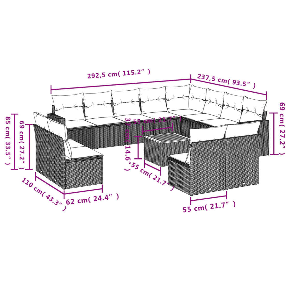 Ein Diagramm eines geflochtenen Outdoor-Ecksofas mit Abmessungen in Zentimetern und Zoll.