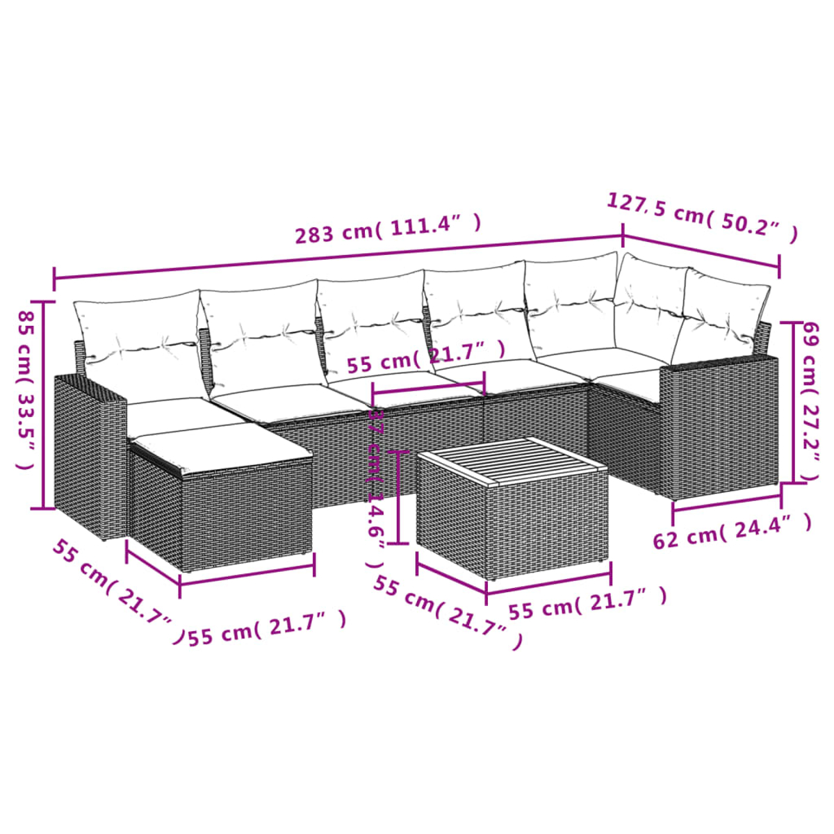 Divano angolare in vimini con dimensioni etichettate. Include un sedile angolare, un pouf e un tavolino quadrato, tutti con cuscini bianchi.