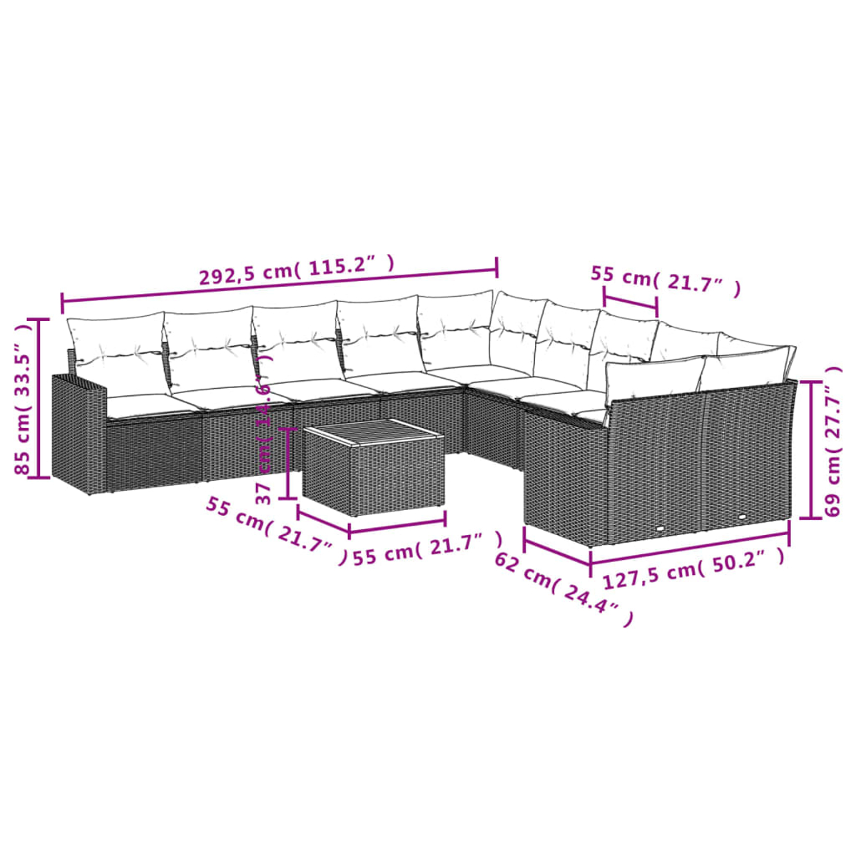 Ein Ecksofa aus Rattan mit Maßangaben. Es hat weiße Kissen und einen passenden quadratischen Tisch. Maße sind in cm und Zoll angegeben.