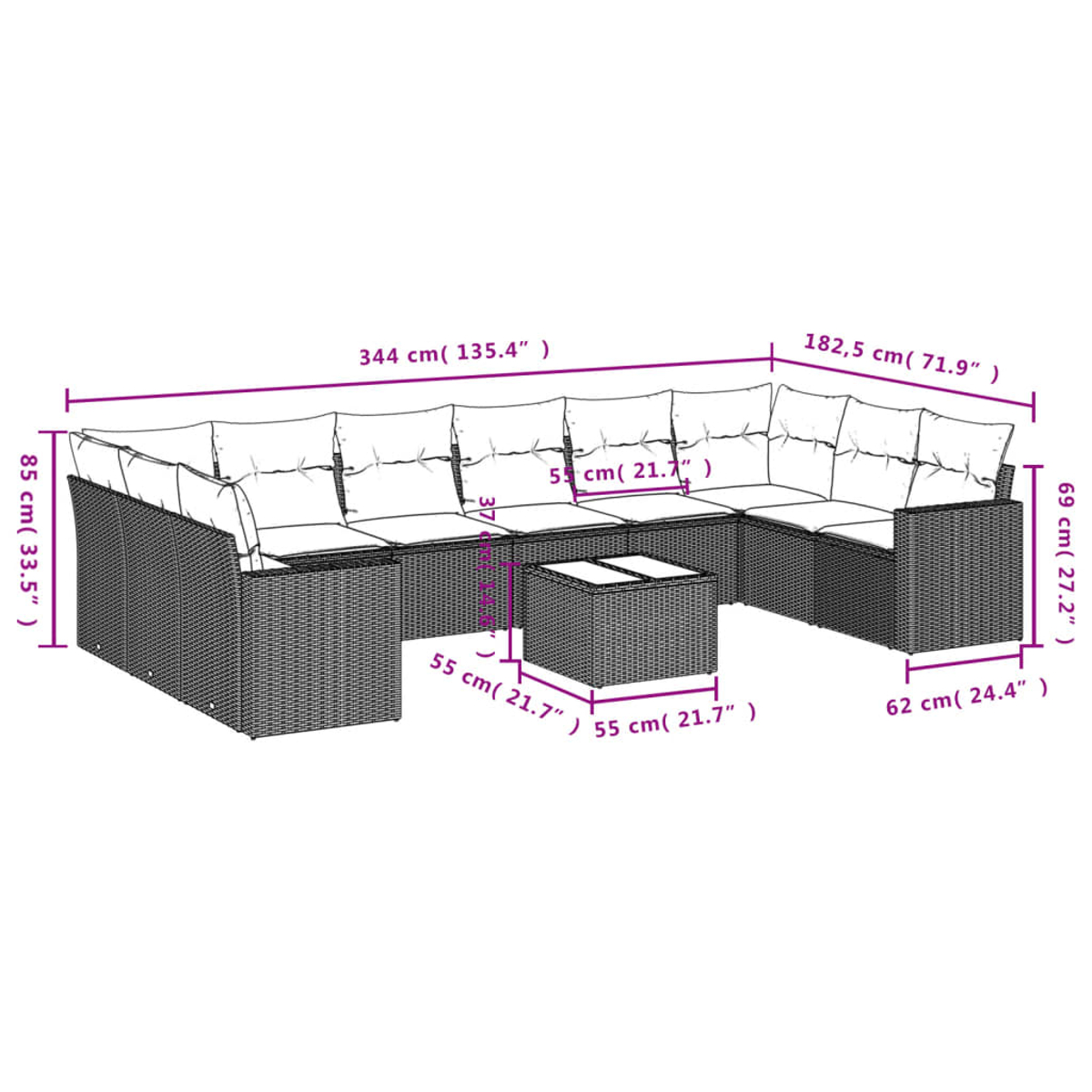 Geflochtenes Ecksofa mit weißen Kissen und einem kleinen quadratischen Tisch. Abmessungen sind in Zentimetern und Zoll angegeben.