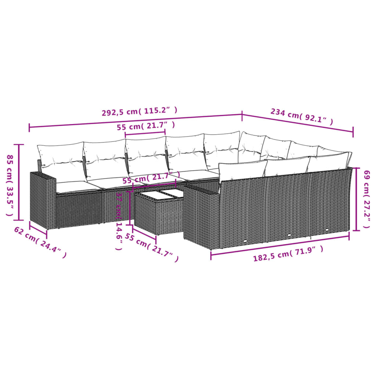 Set divano angolare in vimini da esterno con dimensioni etichettate. Include cuscini e tavolino.