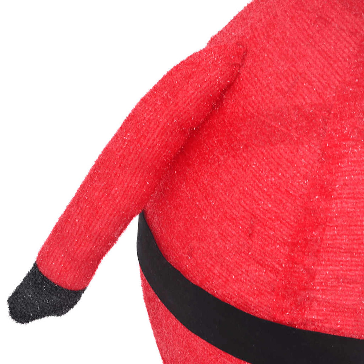 Nahaufnahme von rotem Santa-Claus-Torso und -Arm. Ein schwarzer Gürtel und Manschette sind sichtbar.