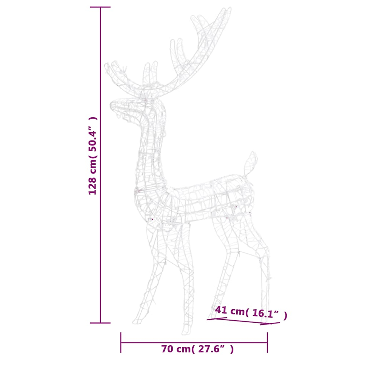 Eine weiße Drahtgestell-Rentierdekoration. Es steht auf weißem Hintergrund. Abmessungen: 128 cm hoch, 70 cm lang, 41 cm breit.