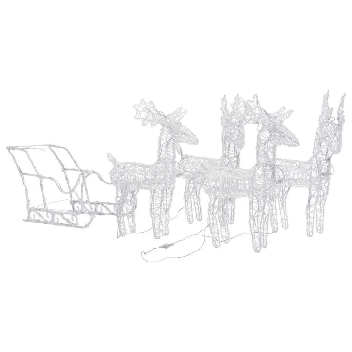 Eine weiße Draht-Weihnachtsdekoration zeigt einen Schlitten, der von vier Rentieren gezogen wird. Die Figuren sind beleuchtet und vor weißem Hintergrund platziert.