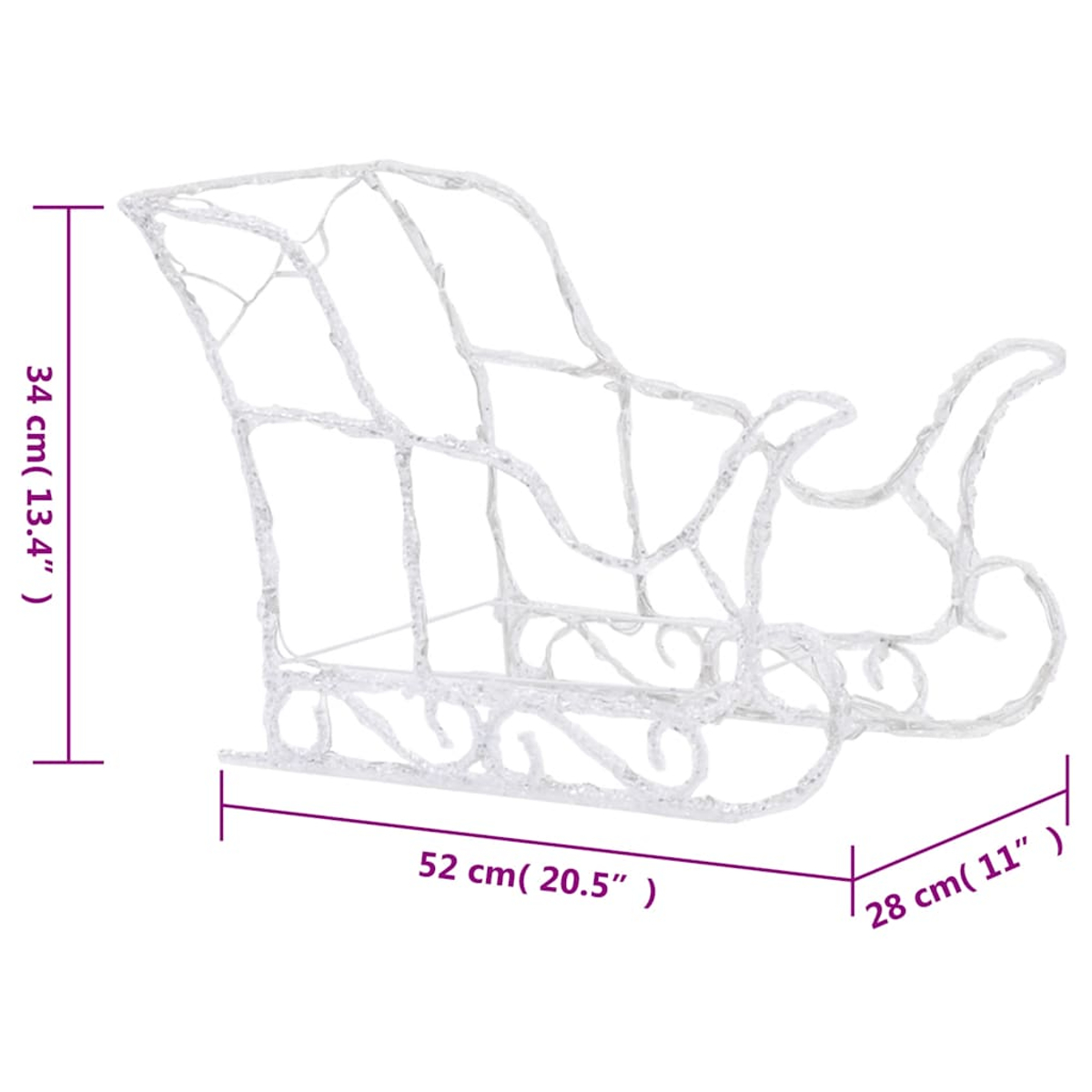 Gezeigt wird eine weiße Weihnachts-Schlitten-Dekoration mit Maßen in Zentimetern und Zoll. Sie ist 52 cm lang, 34 cm hoch und 28 cm breit.