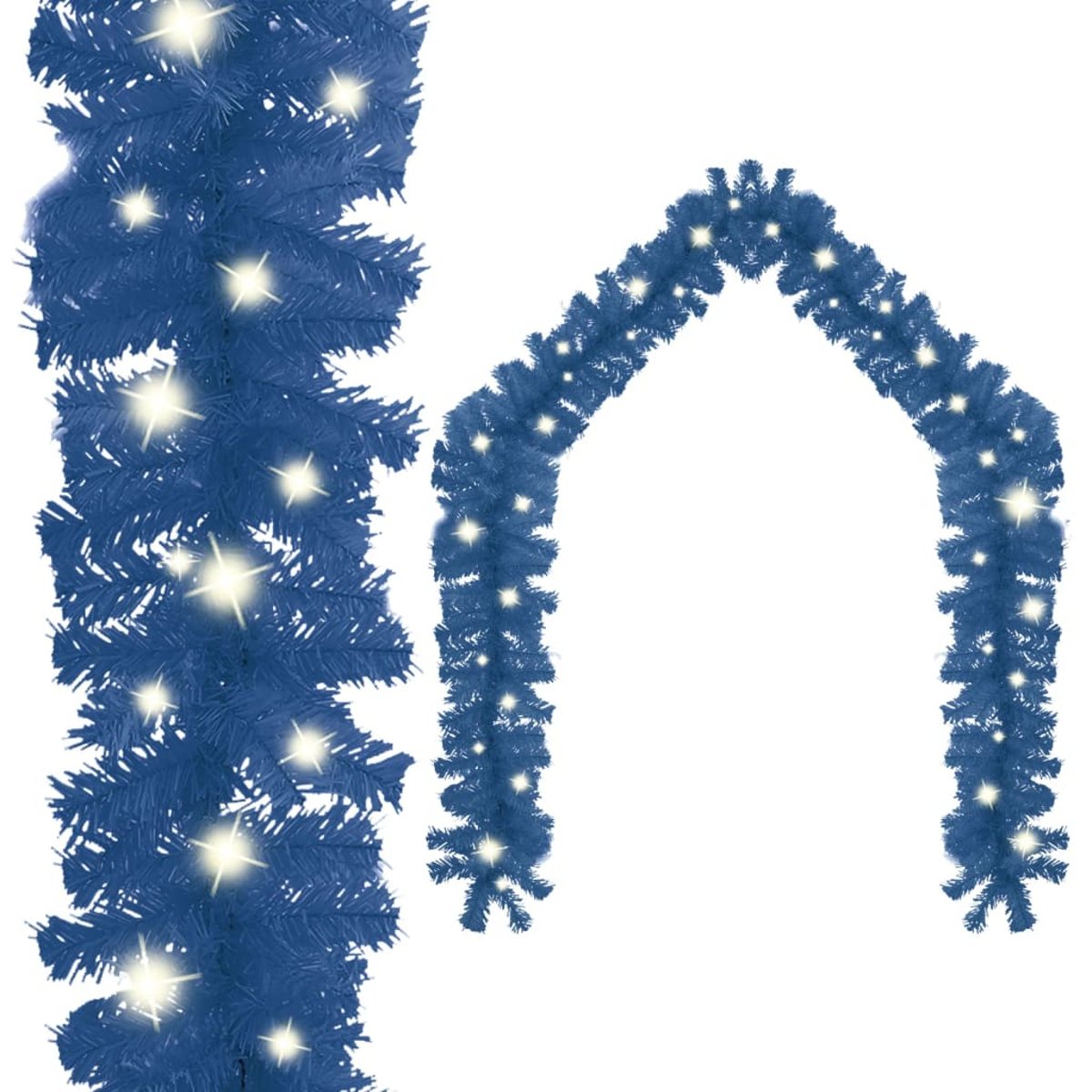 Blaue Weihnachts-Girlande mit Lichtern, die in Bogenform angeordnet sind. Die Girlande befindet sich auf weißem Hintergrund.