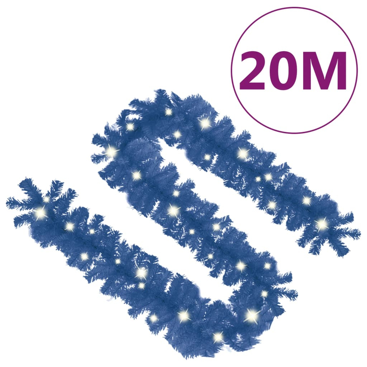 Eine blaue Weihnachts-Girlande mit weißen Lichtern und ein violetter Kreis mit dem Text "20M" auf weißem Hintergrund.