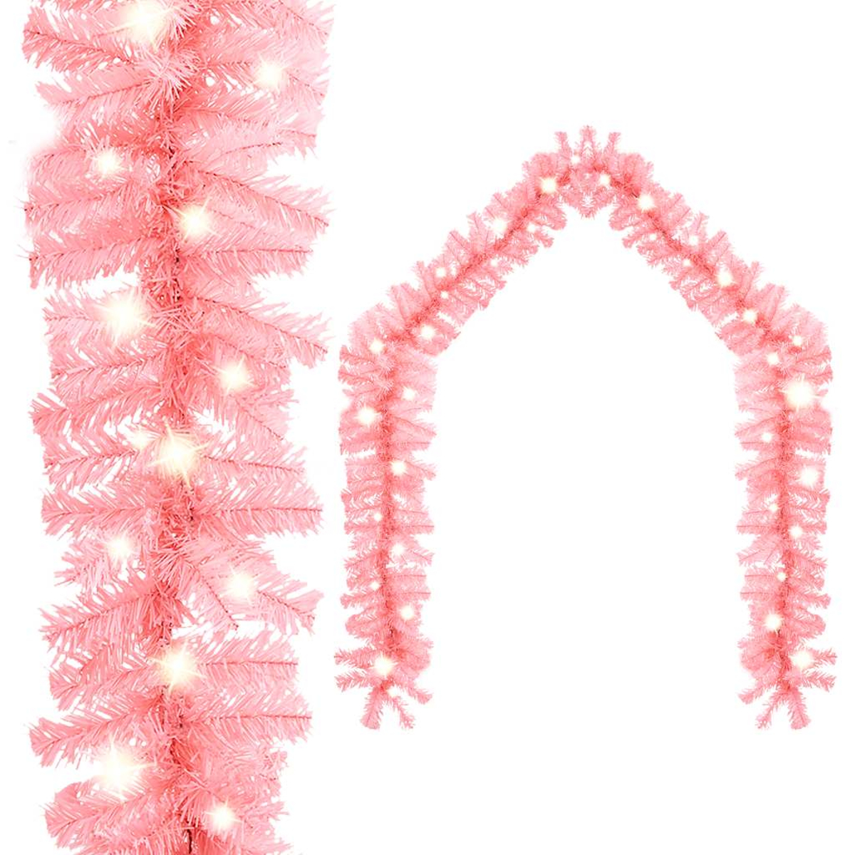 Zwei rosa Weihnachtsgirlanden mit Lichtern. Eine ist vertikal, die andere gewölbt. Beide vor weißem Hintergrund.