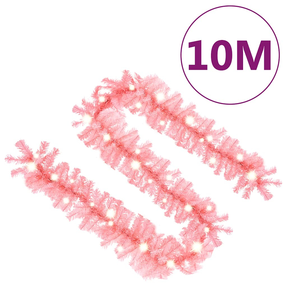 Rosa Girlande mit Lichtern. Ein Kreis mit "10M" rechts oben. Weißer Hintergrund.