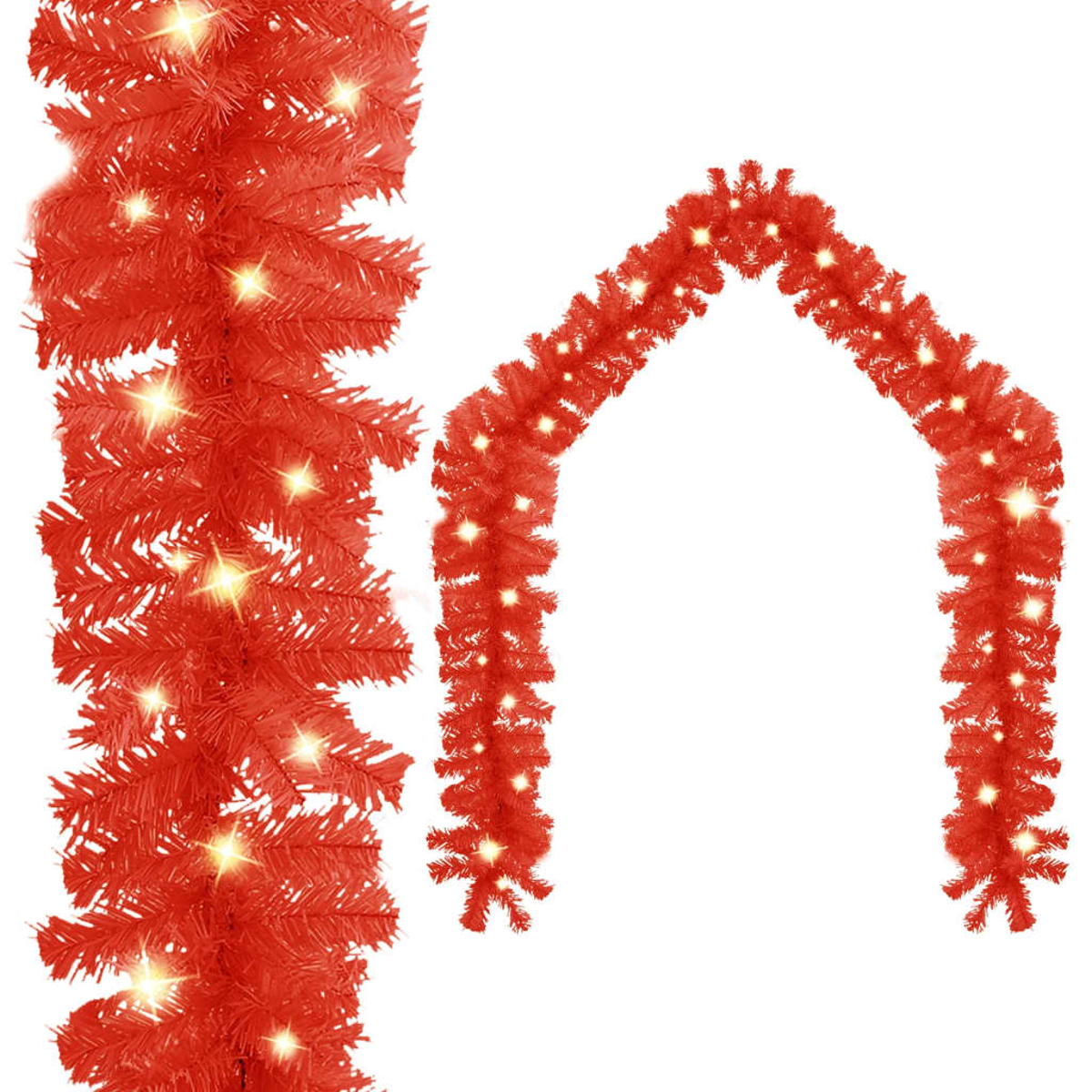 Rote Weihnachts-Girlande mit Lichtern. Ein Abschnitt ist vertikal, ein anderer bildet einen Bogen. Helle Lichter sind verstreut.