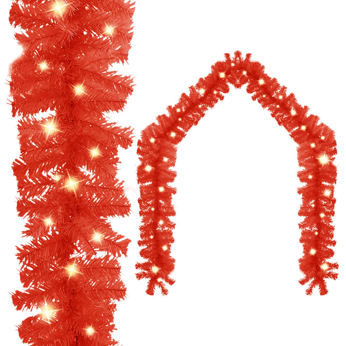 Rote Weihnachts-Girlande mit weißen Lichtern, in Bogenform angeordnet. Isoliert auf weißem Hintergrund.