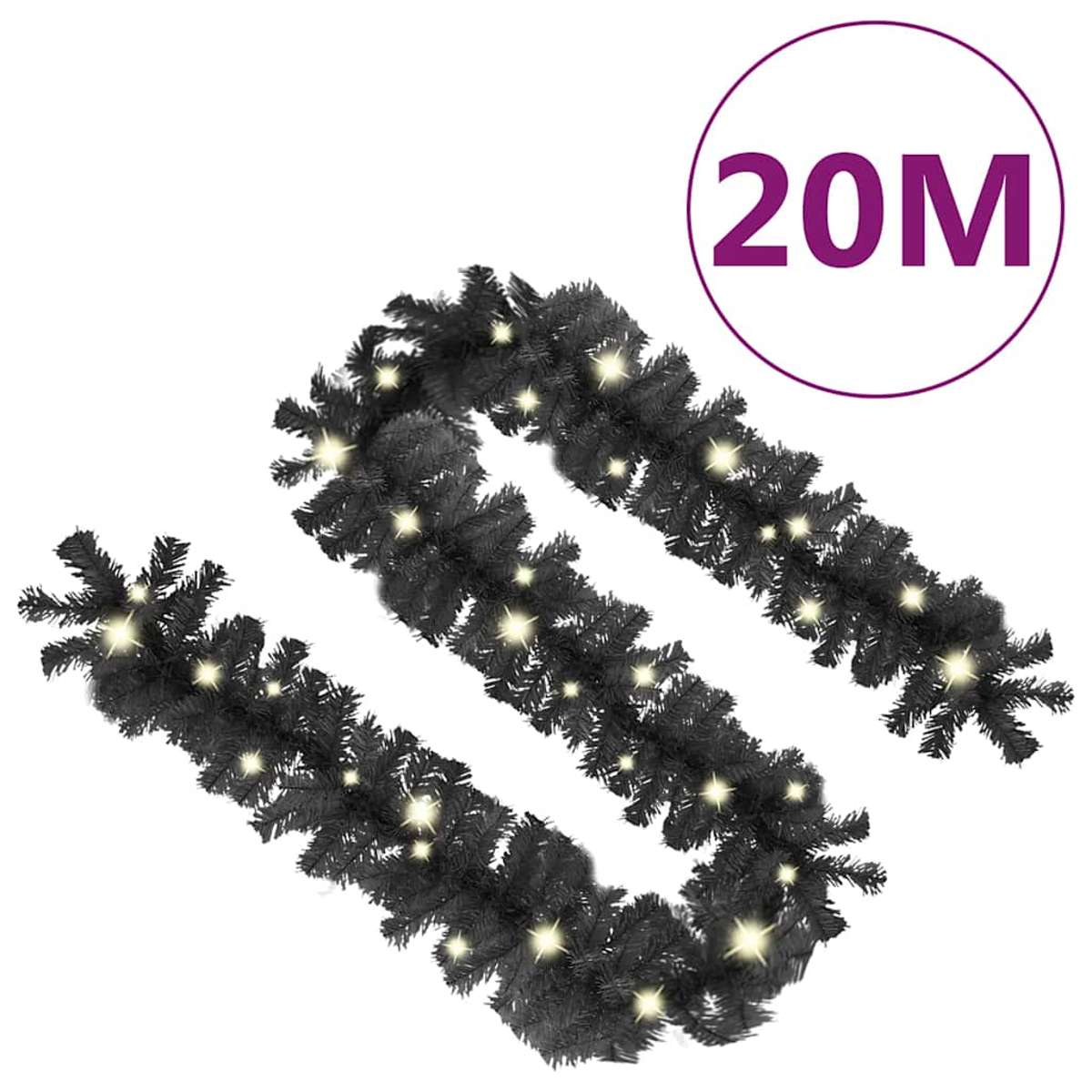 Gezeigt wird eine schwarze Girlande mit Lichtern und der Text '20M' in einem Kreis.