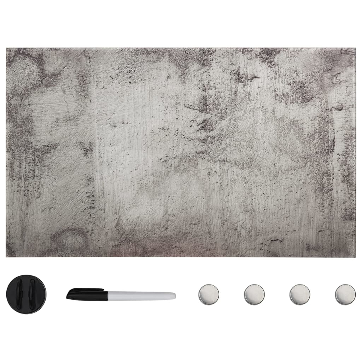 Graue, strukturierte Oberfläche, möglicherweise eine Whiteboardtafel. Darunter ein schwarzer Magnet, ein Marker und vier silberne Magnete.