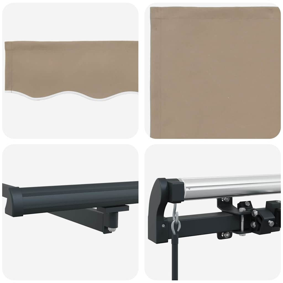 Quattro primi piani di una tenda da sole beige. Le riprese mostrano il tessuto, il telaio e l'hardware di collegamento.