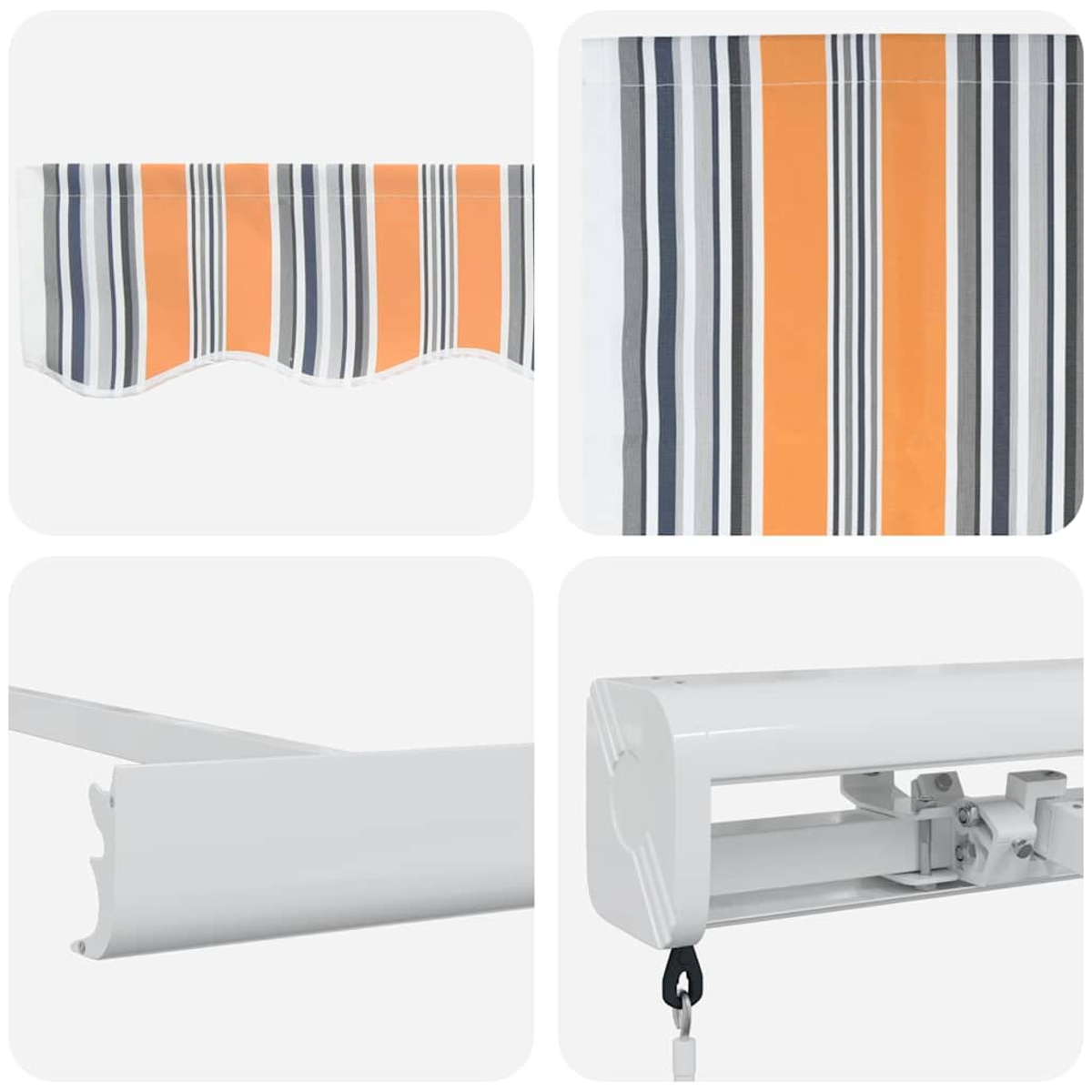 Markisendetail: Stoff mit orangefarbenen, weißen, grauen und marineblauen Streifen. Weißer Metallrahmen und Mechanismus. Nahaufnahmen.