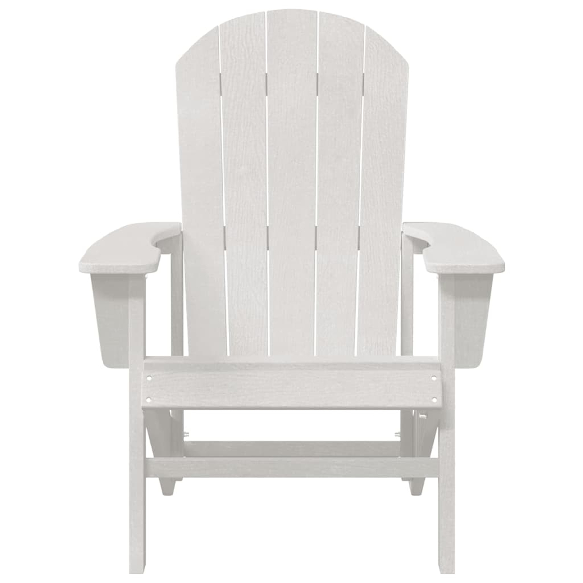Ein weißer Adirondack-Stuhl mit geschwungener Rückenlehne und Armlehnen, vor weißem Hintergrund.