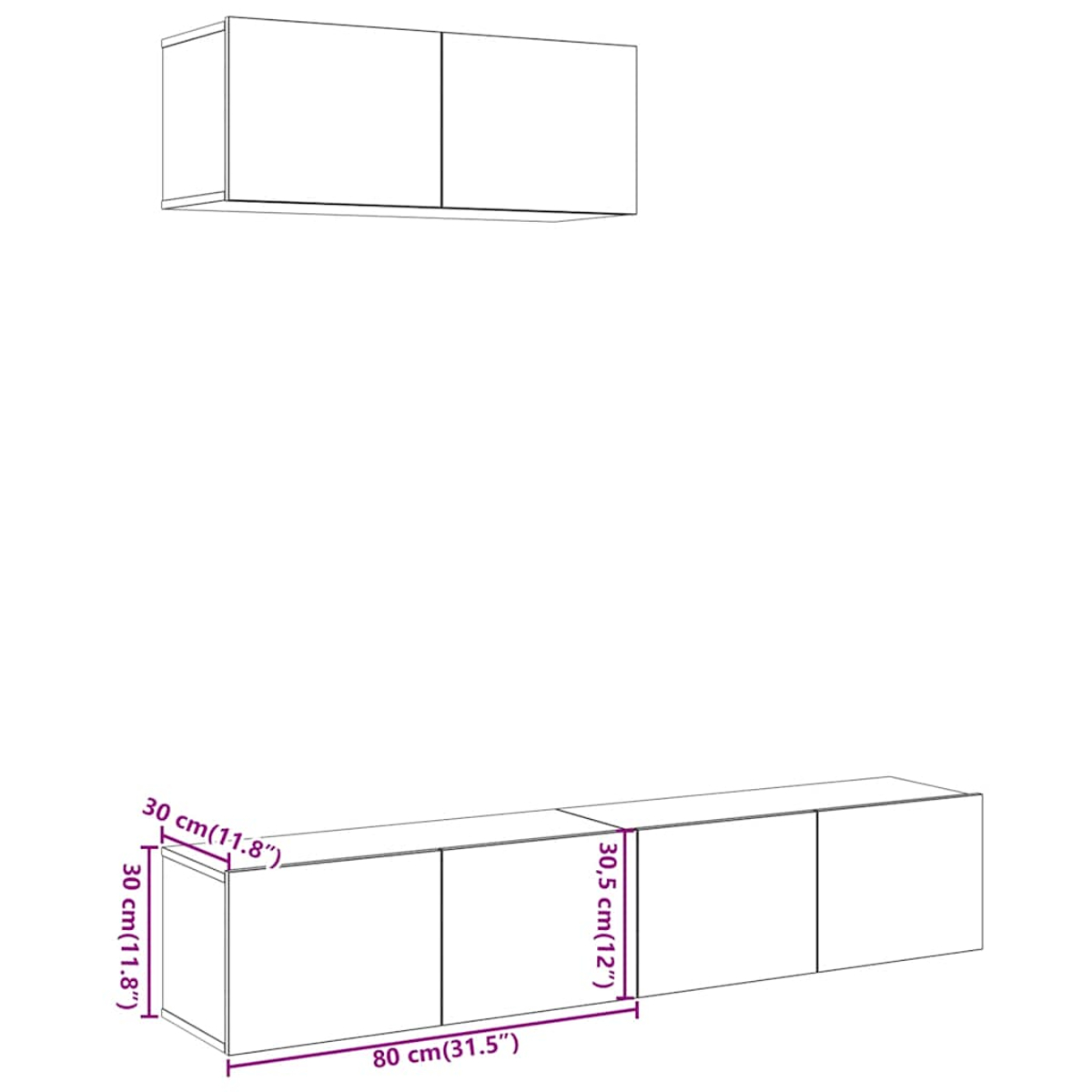 Ein weißer, an der Wand befestigter Schrank mit zwei Türen über einem längeren Schrank mit vier Türen. Abmessungen sind angegeben.