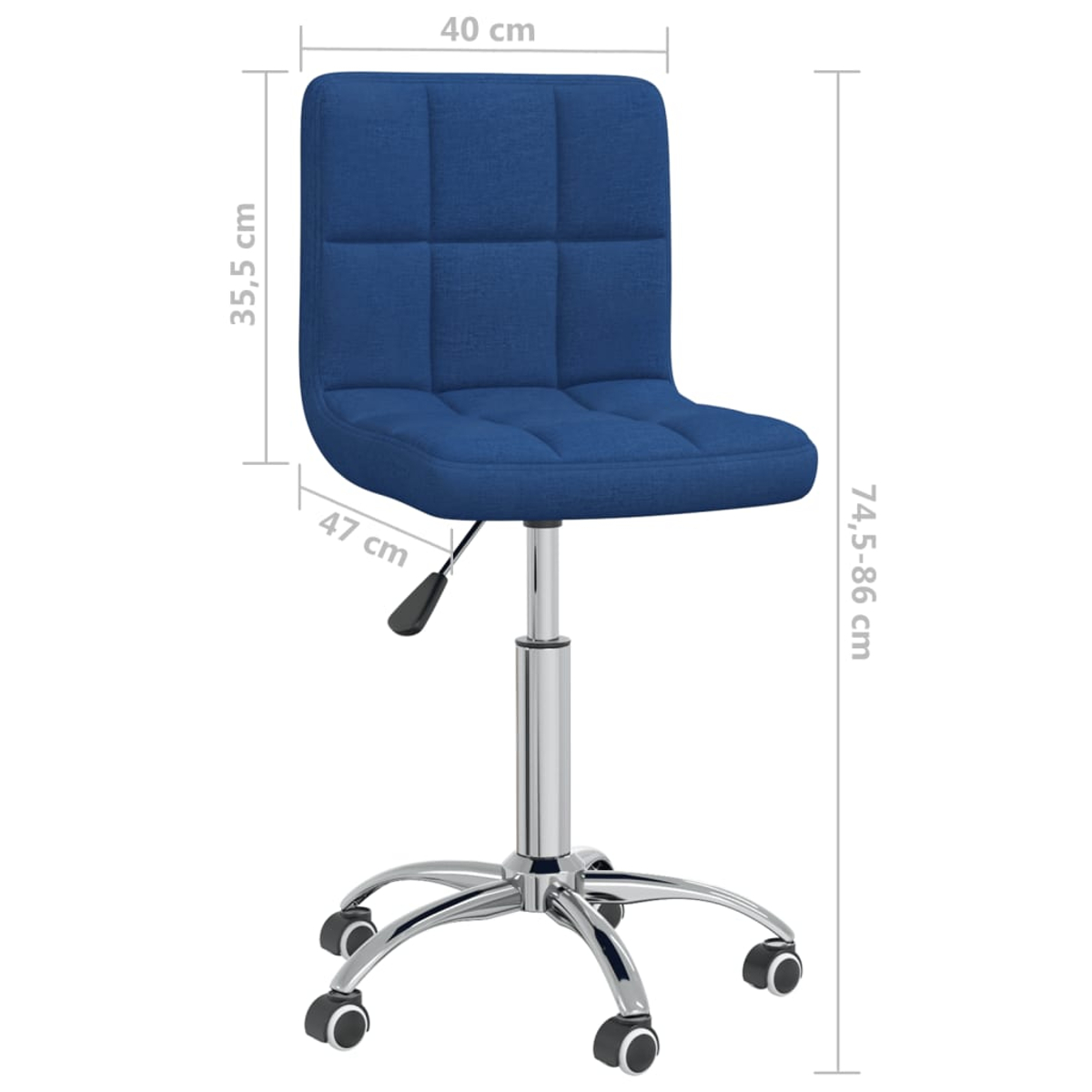 Ein blauer Bürostuhl mit gepolsterter Sitzfläche und Rückenlehne. Er hat ein Chromgestell mit Rädern und höhenverstellbar.