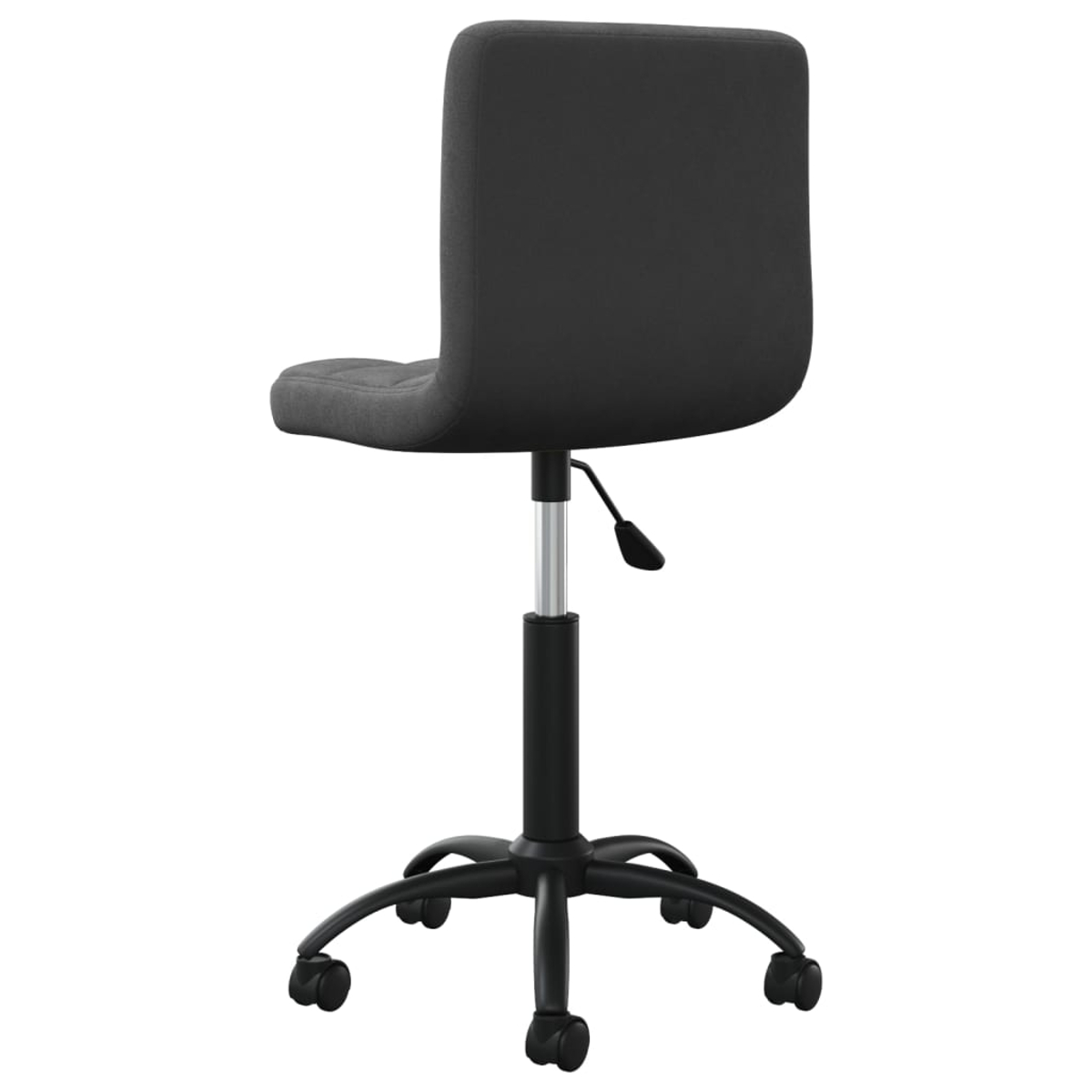 Ein schwarzer Bürostuhl von hinten gesehen. Er hat einen Sitz und eine Rückenlehne aus Stoff. Das Gestell ist schwarz mit Rollen.