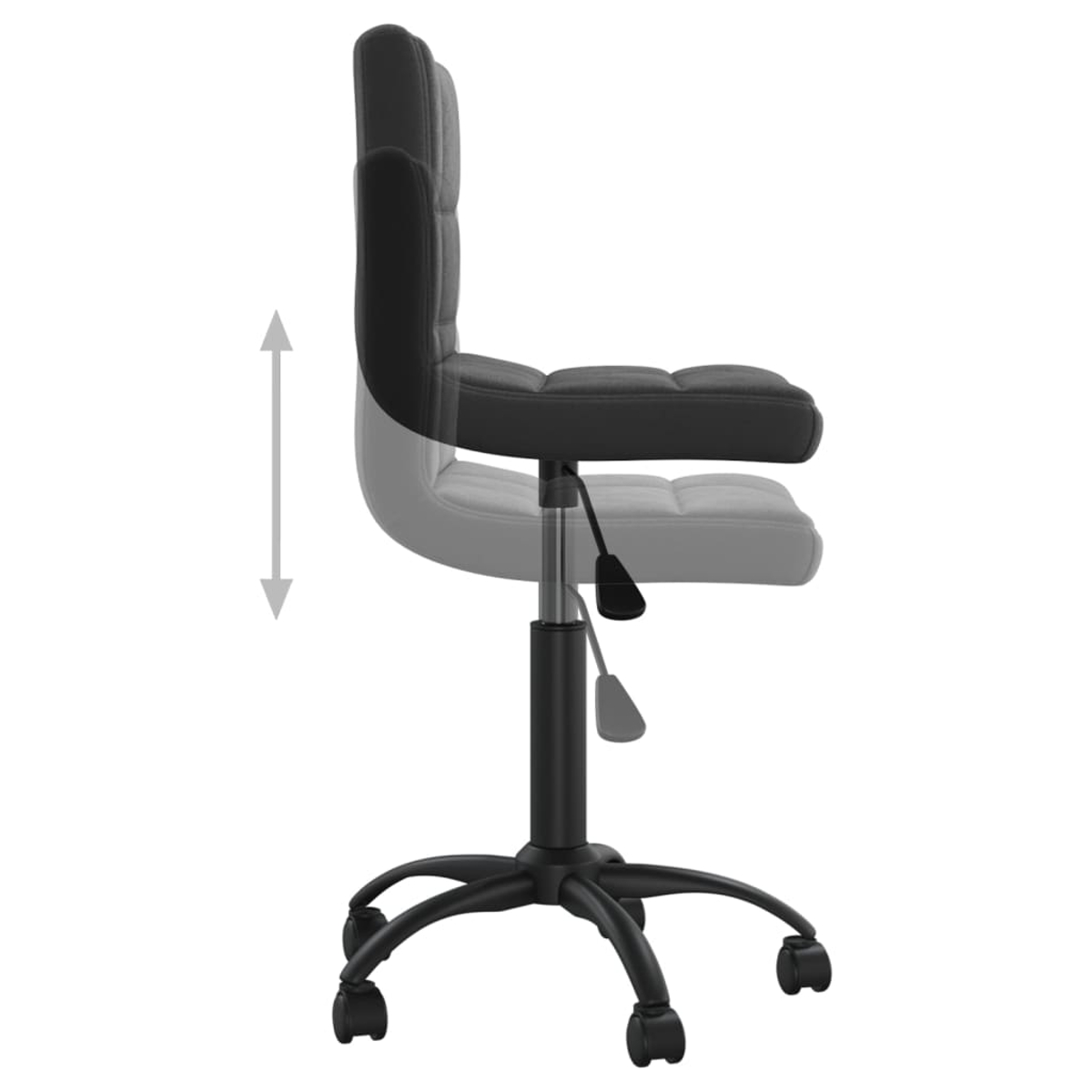 Schwarzer Bürostuhl. Er hat eine Rückenlehne und einen Sitz mit Höhenverstellpfeil. Er steht auf einem rollbaren Fuß.