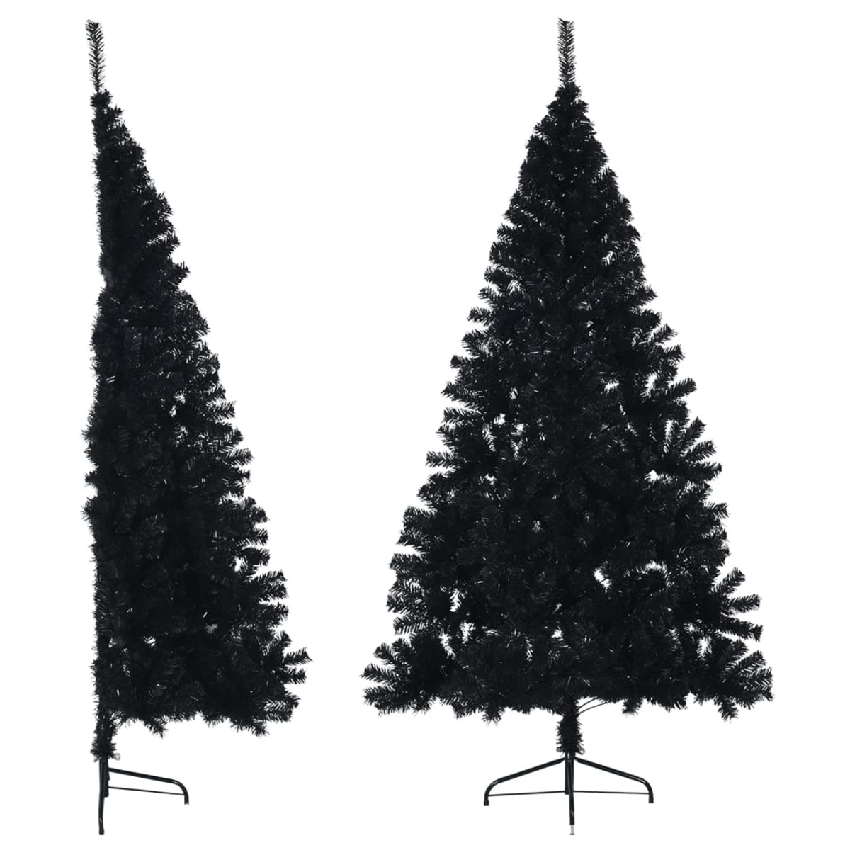 Zwei schwarze künstliche Weihnachtsbäume auf weißem Hintergrund. Einer ist nach links abgewinkelt, der andere ist zentriert. Beide haben Metallständer.