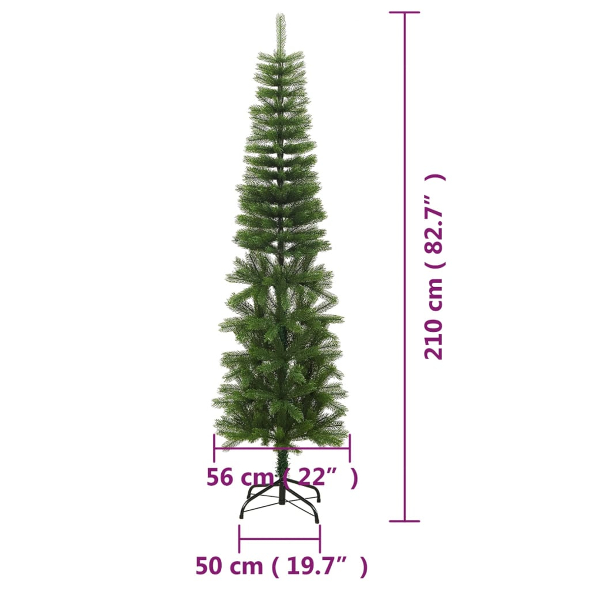 Ein hoher, grüner Weihnachtsbaum mit den Maßen: 210 cm Höhe, 56 cm Breite und 50 cm Basis. Er steht vor weißem Hintergrund.
